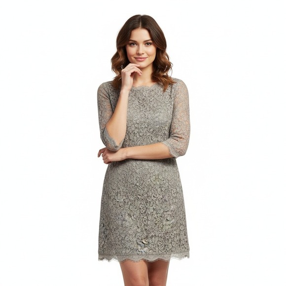 Adrianna Papell Dress E Live From the Red Carpet Taupe V-Back Floral Elegant 8 - Picture 1 of 13